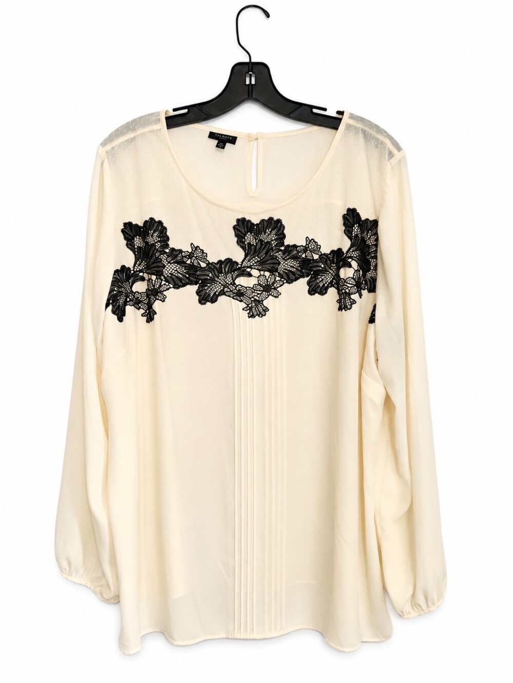Talbots Plush Ivory/Cream Blouse Black Lace Sheer Mesh Long Sleeve 2X Plus